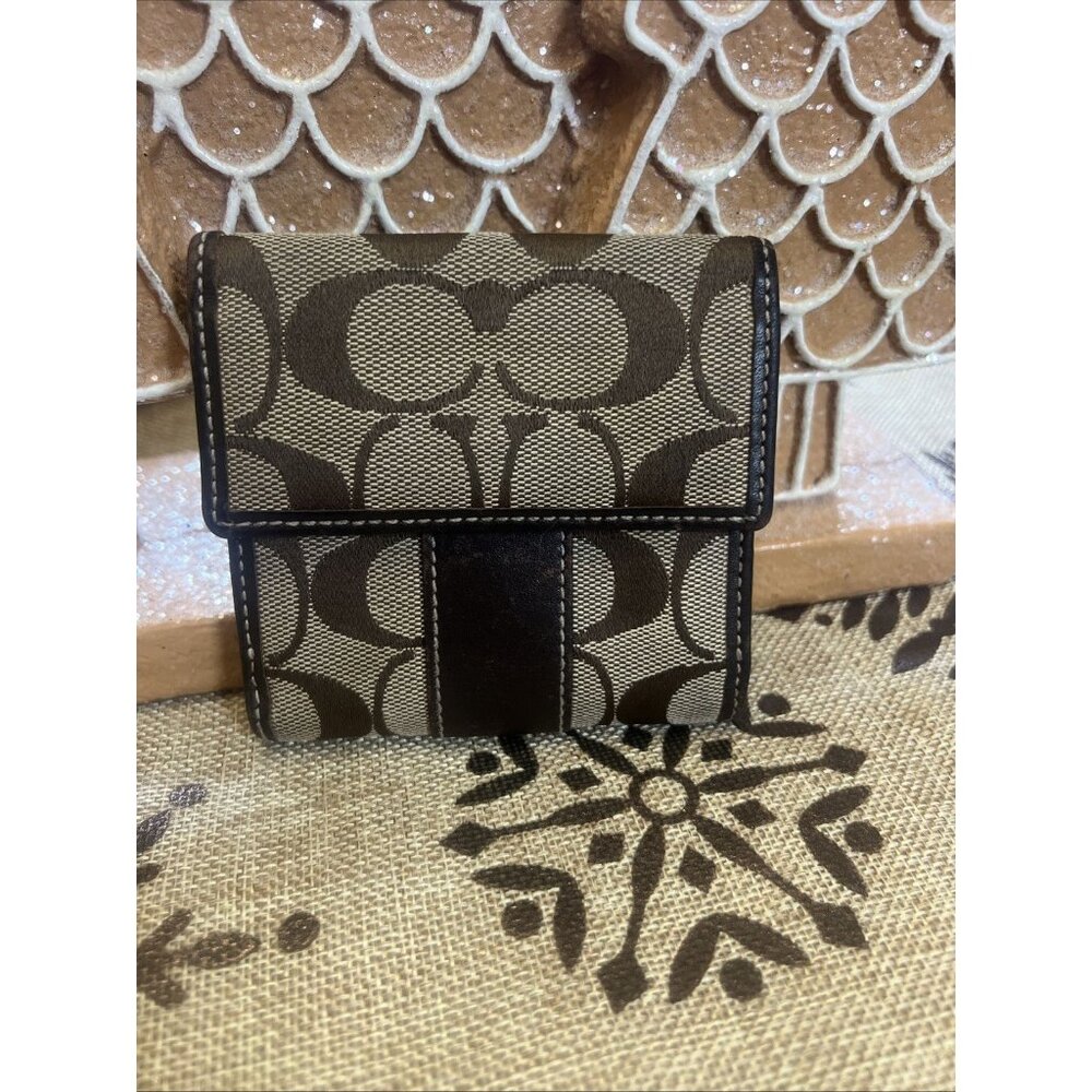 COACH Signature Small Bifold Wallet Canvas Leather Stripe